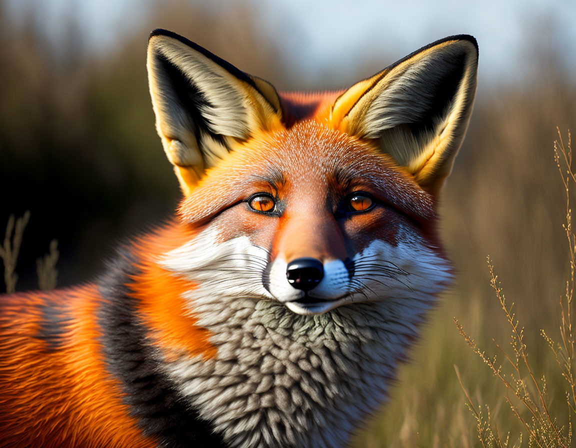 Detailed Fox Face with Sharp Eyes and Pointed Ears on Blurred Background