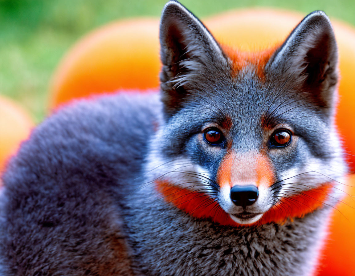 Close-up of Grey Fox with Orange Eyes and Pumpkins in Background