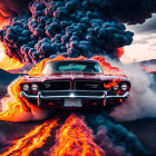 Muscle car burnout against volcanic eruption backdrop