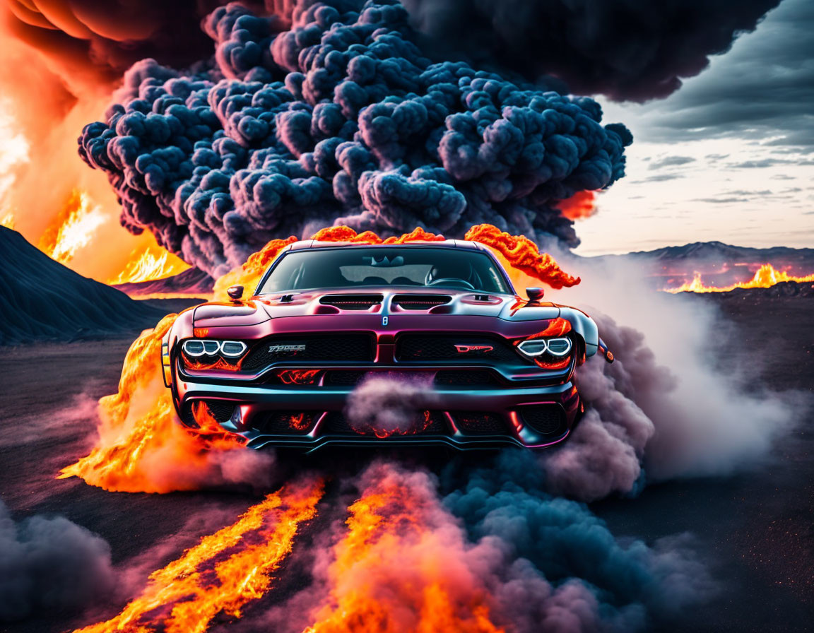 Muscle car burnout against volcanic eruption backdrop