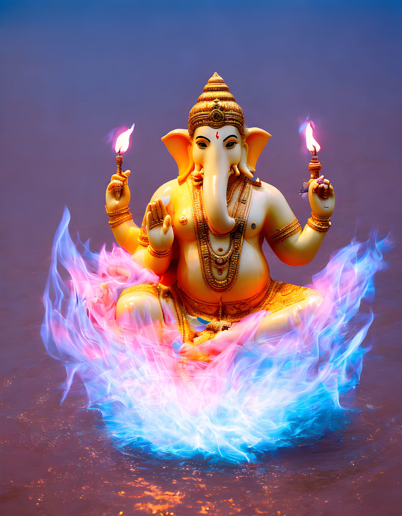 Vibrant Hindu deity Ganesha statue in blue flame with four arms