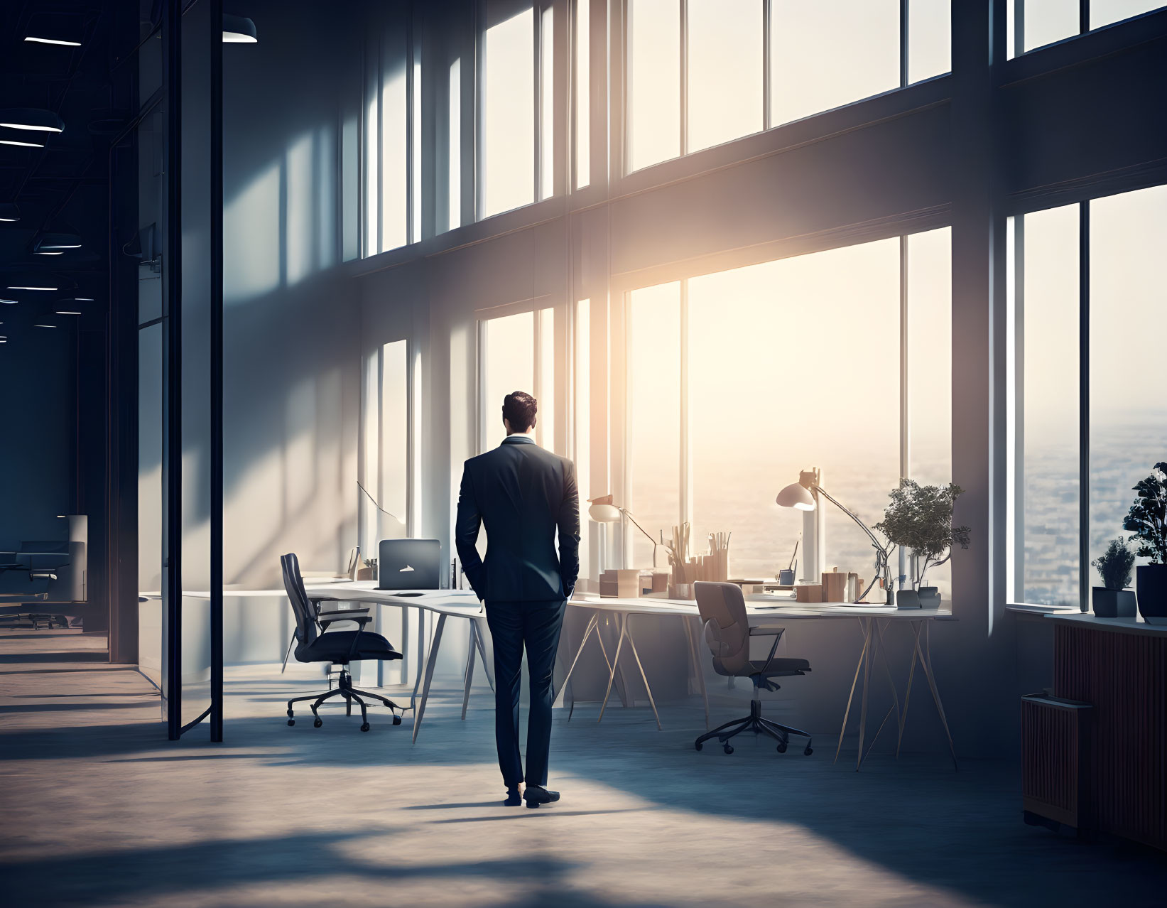 Businessman in suit gazes out modern office window at sunrise