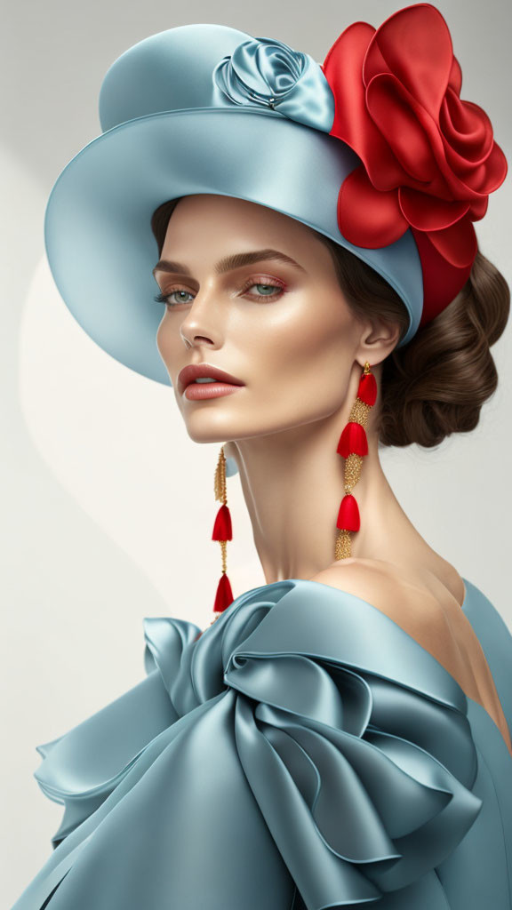 Woman in Blue Hat with Red Flower and Ruffled Blouse