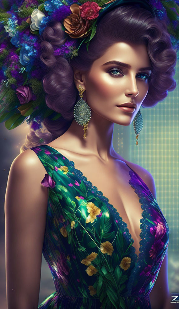 Digital portrait of woman with floral hair accessories and patterned dress