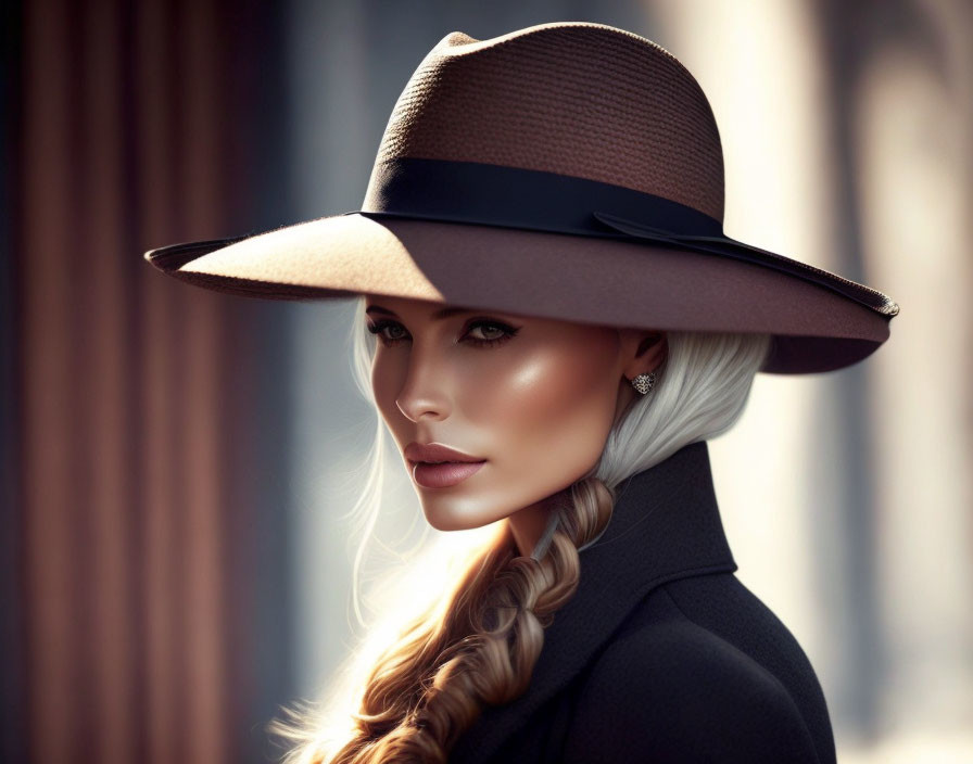 Platinum blonde woman in braid, wide-brimmed hat, and dark coat pose elegantly