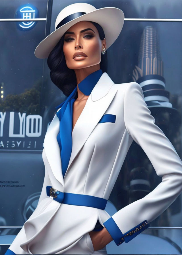 Illustrated woman in white suit and hat against urban backdrop