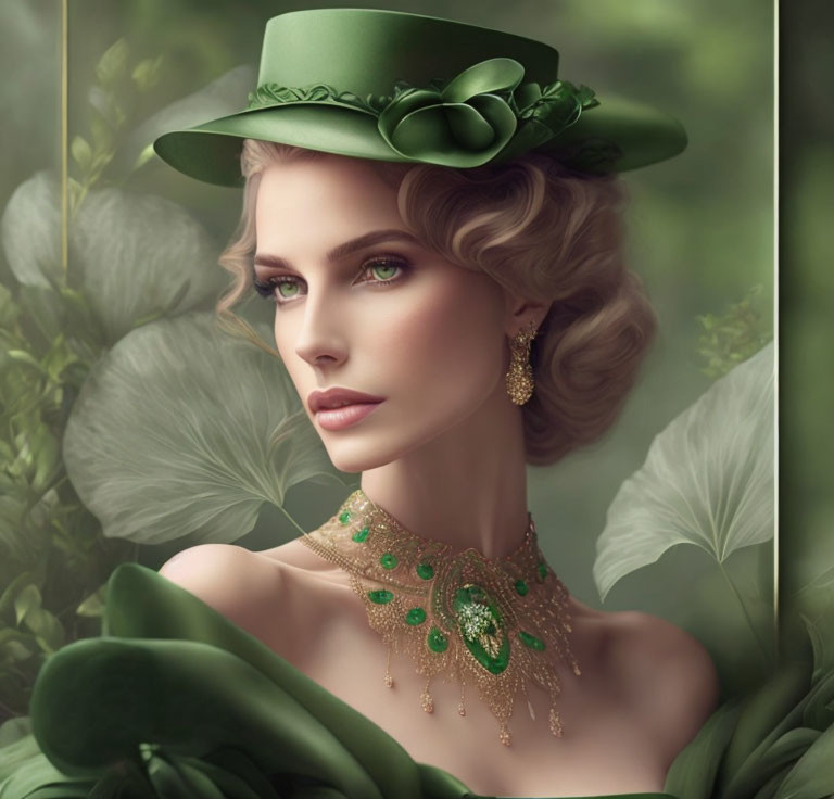 Portrait of woman in green hat and necklace, surrounded by lush greenery