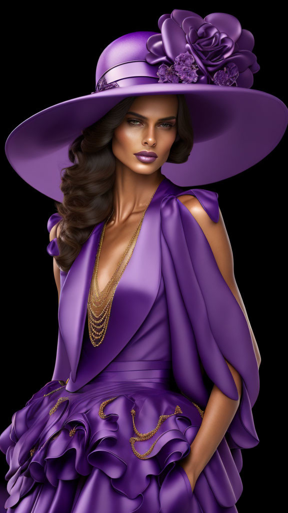 Tanned woman in purple hat and dress with ruffles, floral designs, and gold necklaces