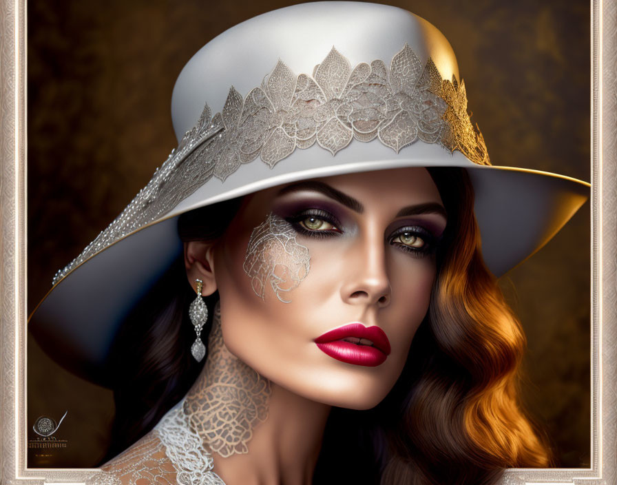 Woman with Striking Makeup and Lace Details in Wide-Brimmed Hat