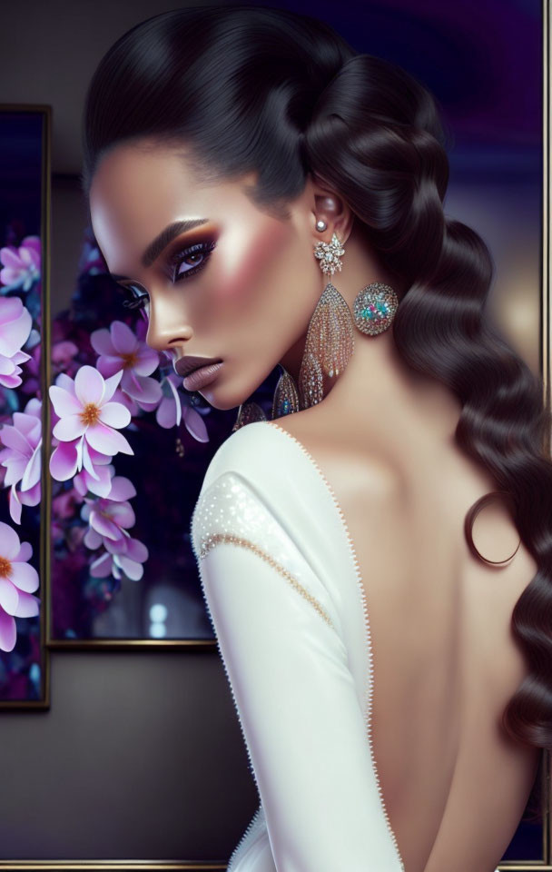 Woman with dramatic makeup and braided hairstyle in digital artwork