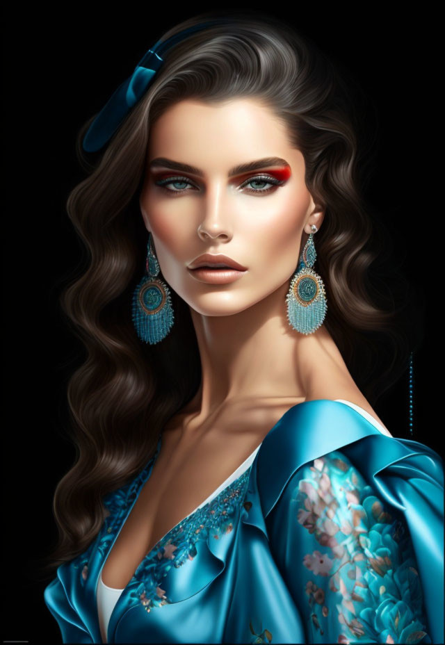 Illustration of woman with red eyeshadow, teal earrings, blue floral outfit, wavy hair