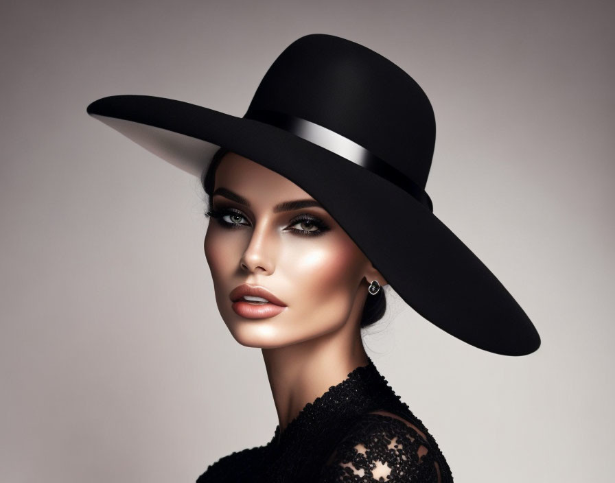 Woman in Wide-Brimmed Black Hat and Lace Attire Portrait