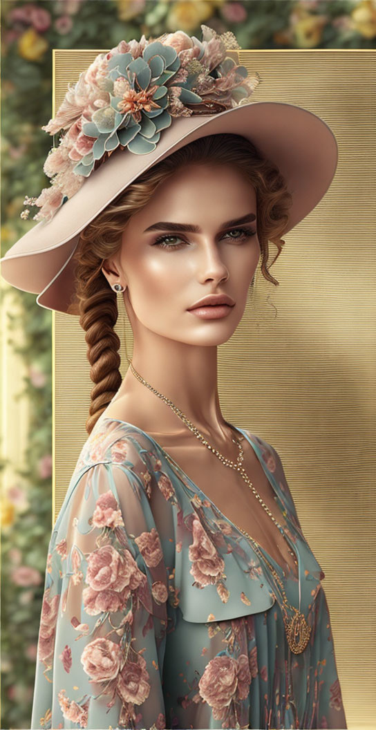 Woman with Braided Hairstyle in Floral Hat and Dress, Necklace, Soft-focus Floral Background