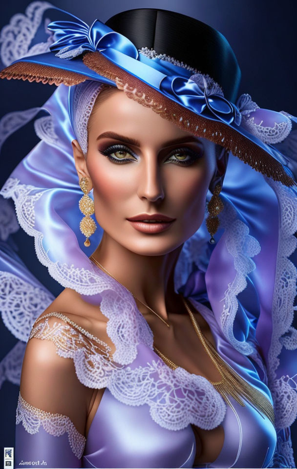 Digital Artwork: Woman with Green Eyes, Top Hat, Feathers, Earrings, Lace Coll