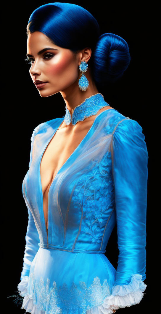 Woman in Blue Elegant Gown with Deep Neckline and Lace Details