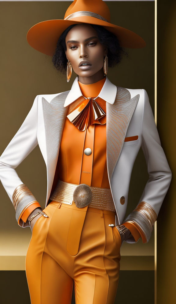 Fashion model in orange and white outfit with wide-brimmed hat, statement earrings, and bold neck