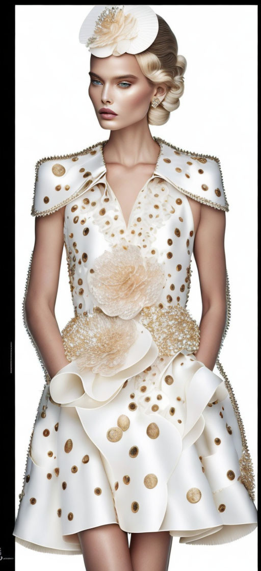 Avant-garde white dress with gold accents and puffy sleeves on a woman