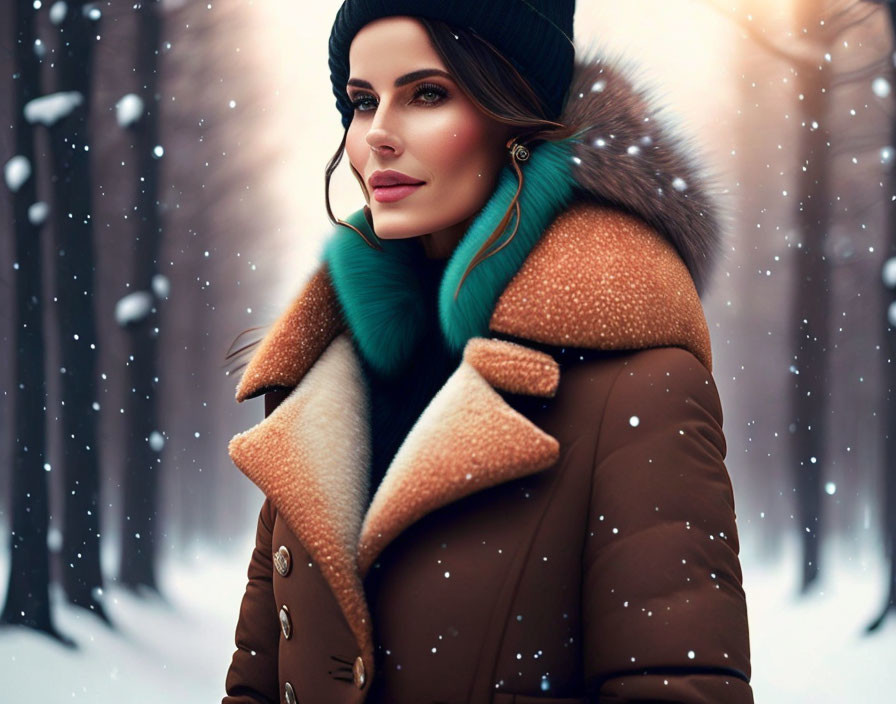 Stylized winter coat fashion in snowy woodland.