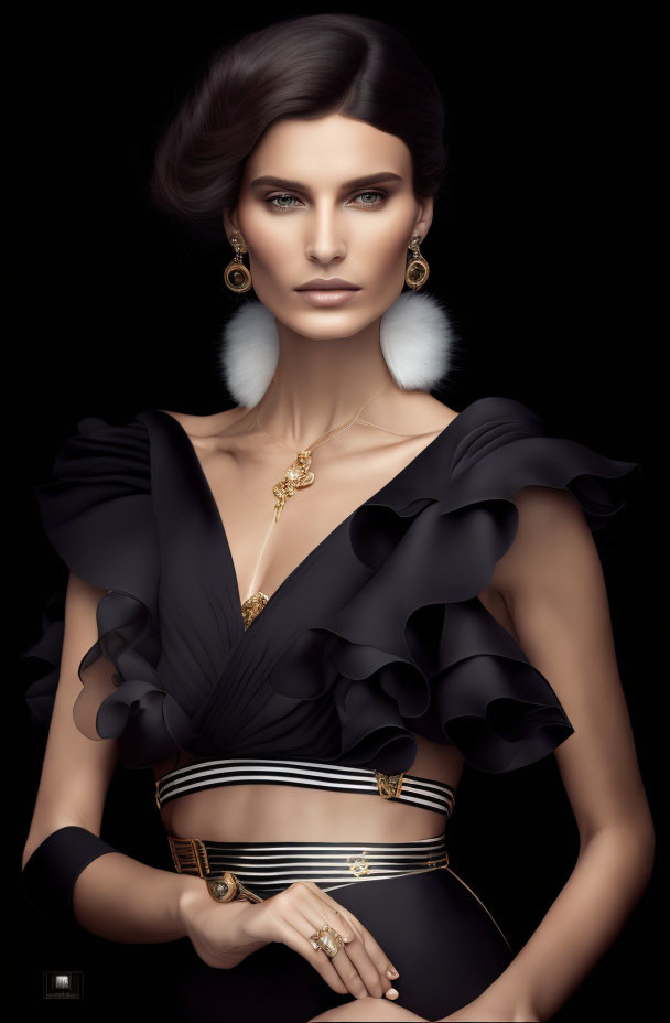 Dark-haired woman in vintage black ruffled dress with gold jewelry