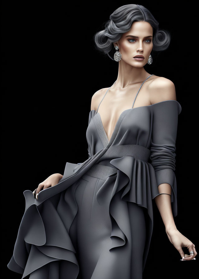 Styled gray hair, elegant makeup, off-the-shoulder gown, ruffles, earrings