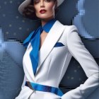 Illustrated woman in white suit and hat against urban backdrop