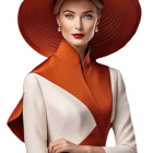 Fashionable woman in pink hat and flower, white blouse, orange scarf on dark background