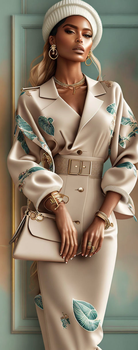 Fashionable woman in beige suit with embroidered leaves and gold accessories pose elegantly