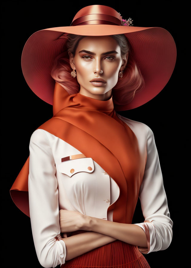 Fashionable woman in pink hat and flower, white blouse, orange scarf on dark background