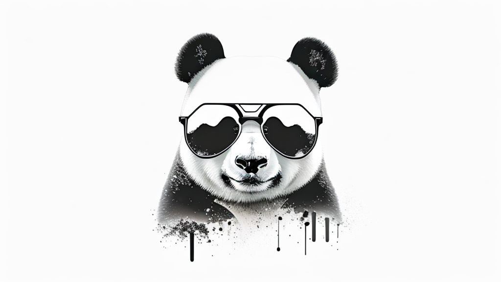 Stylized panda graphic with sunglasses and paint splatter on white background