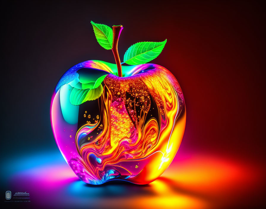 Colorful digital apple with neon swirls on dark background