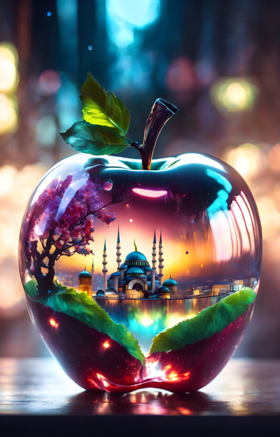 Reflective apple-shaped object with cityscape and tree branch inside, colorful bokeh-lit backdrop