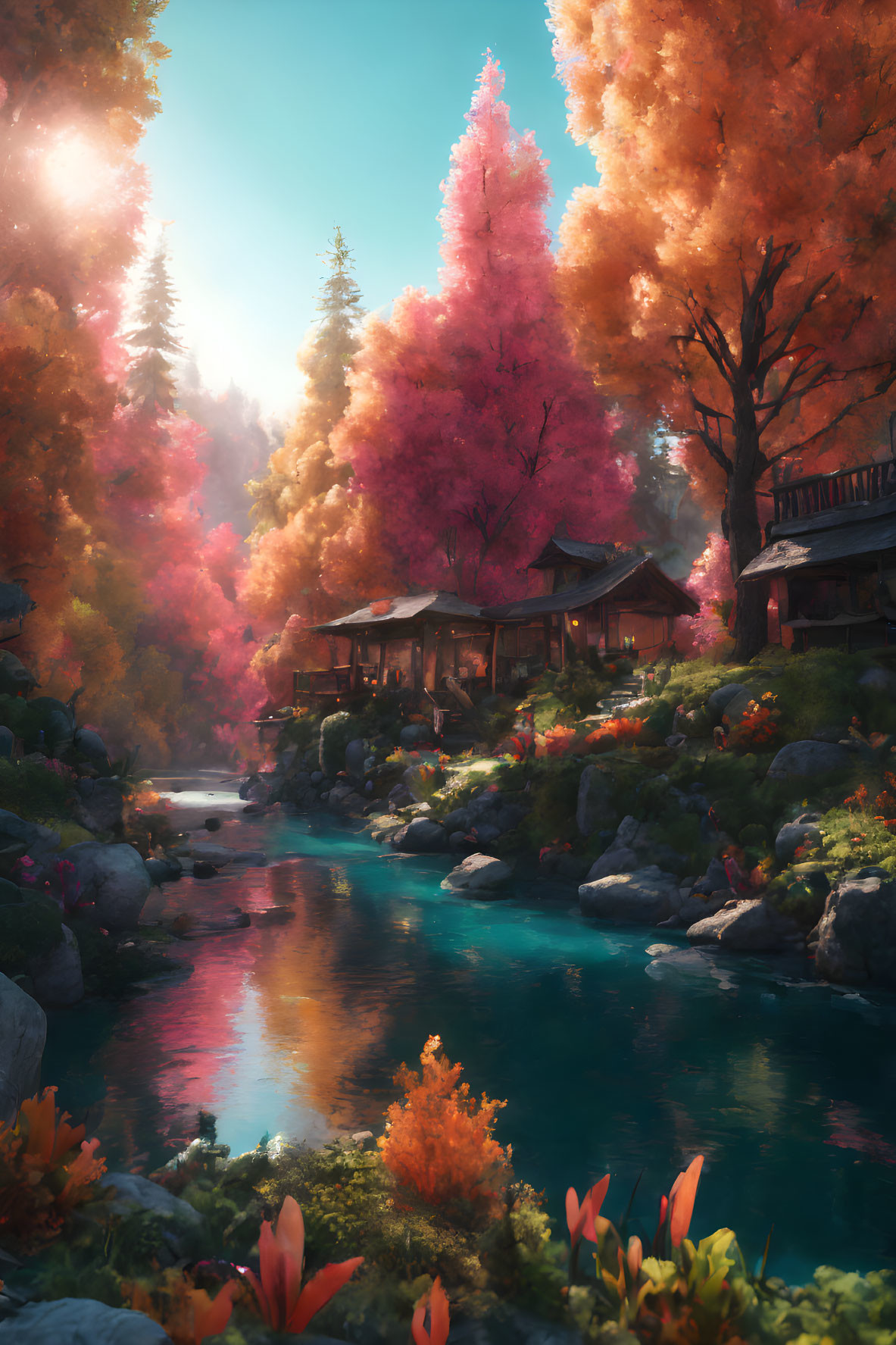 Tranquil autumn landscape with blue pond, colorful trees, and cozy cabin