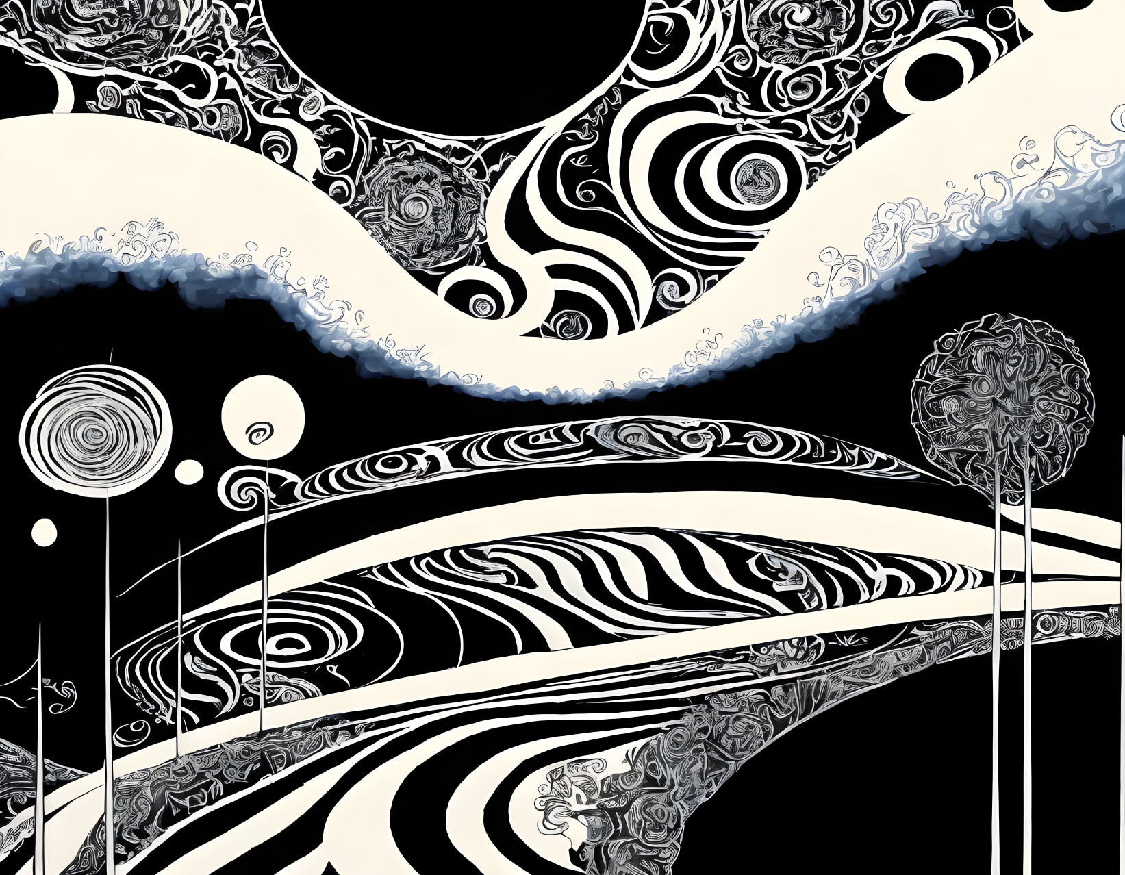 Abstract black and white illustration with swirling patterns and blue accents