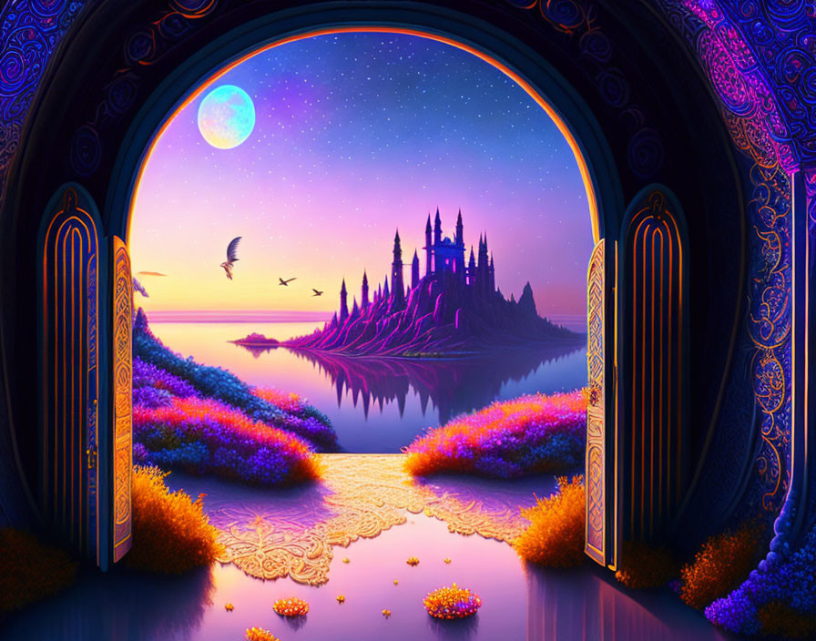 Ornate arched doorway reveals fantastical sunset scene with castle, stars, moon, and lavender