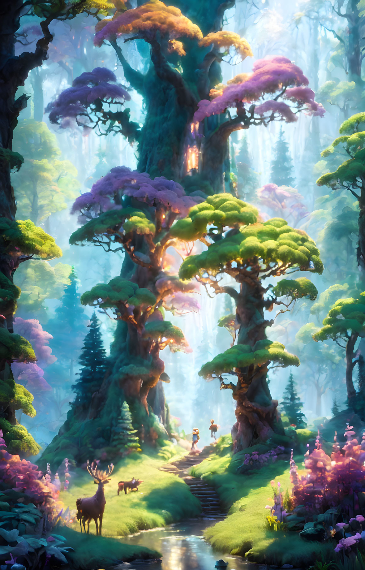 Enchanting forest with towering trees, pink and purple foliage, stream, stag, and fauna