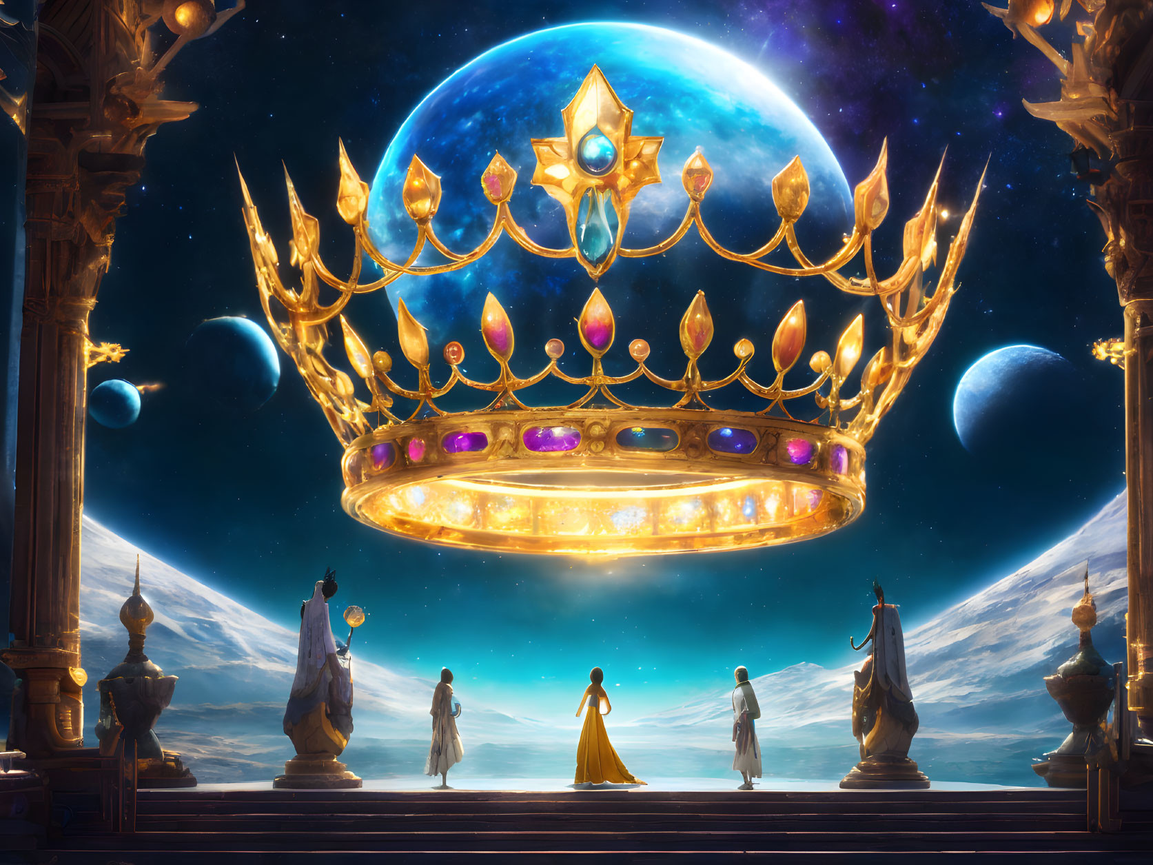 Group of figures admiring majestic floating crown in cosmic setting