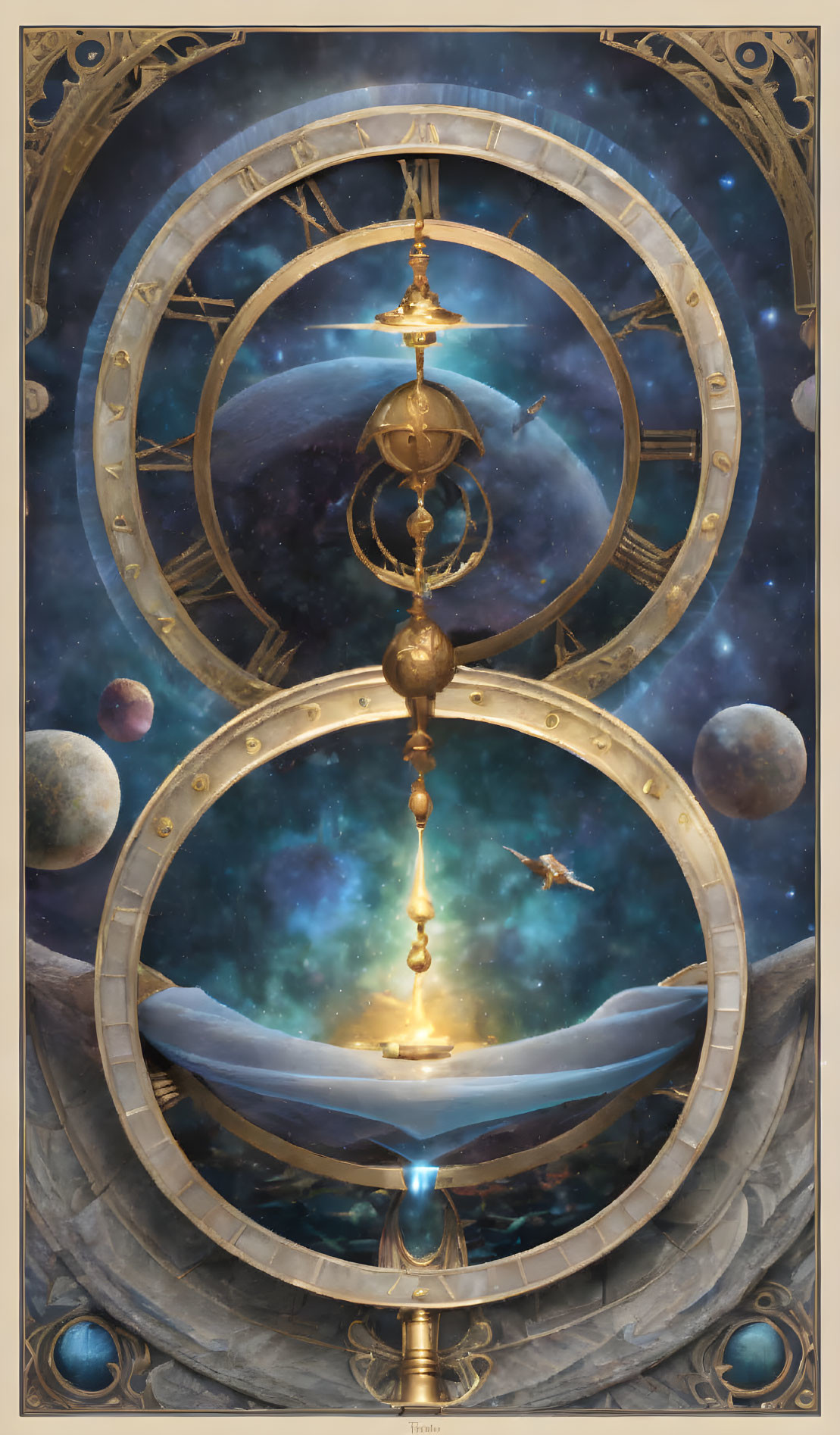 Intricate cosmic hourglass with planets, stars, and celestial motifs against nebulous space backdrop