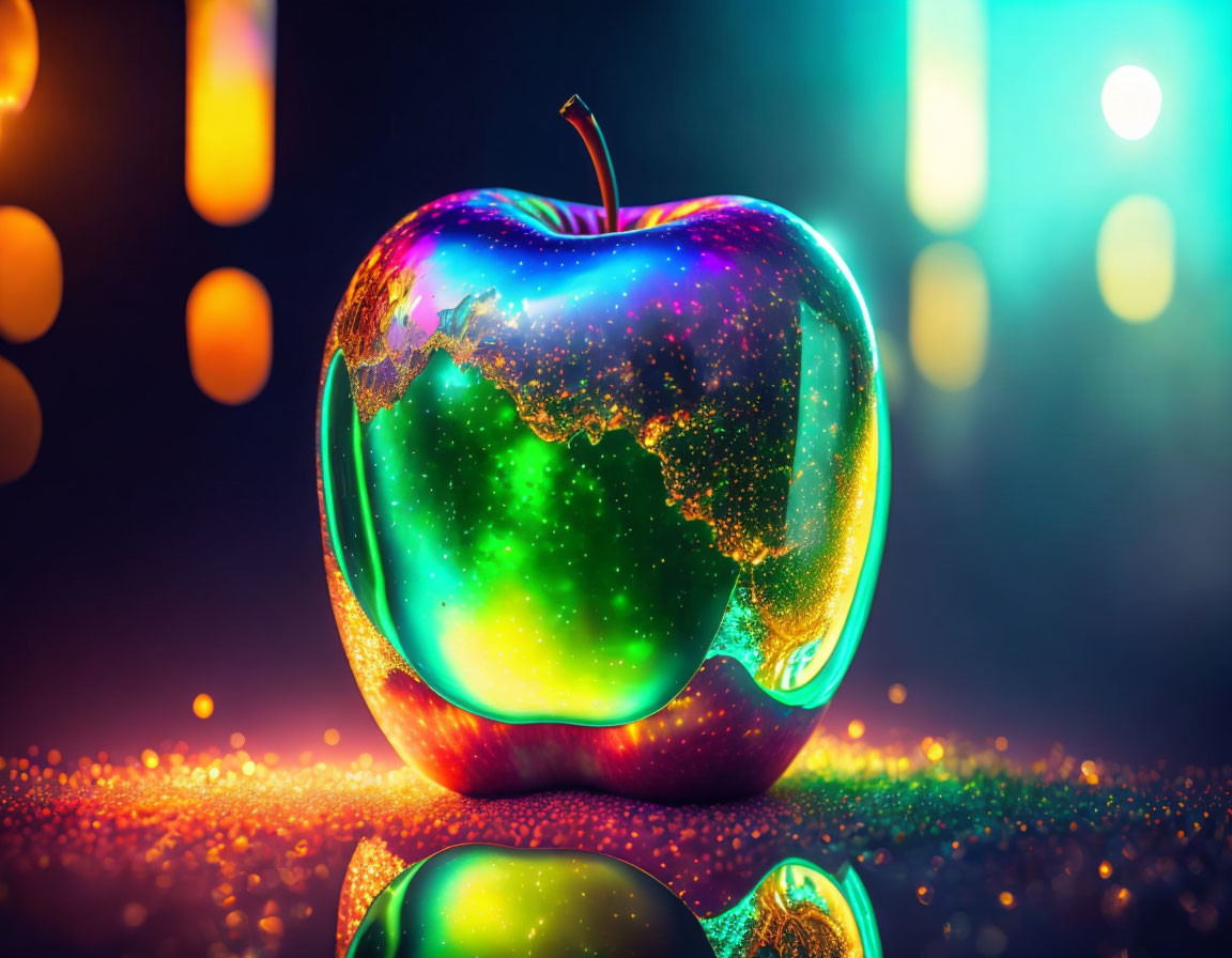 Cosmic-themed apple with starry galaxy pattern on glittery surface