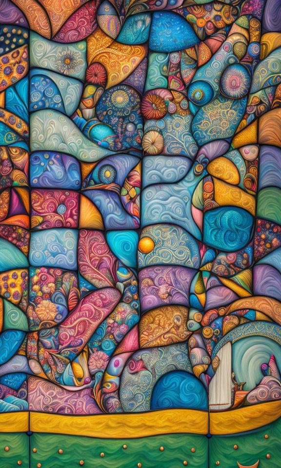 Colorful Stained Glass Style Image with Fish Motifs and Sailboat on Vibrant Sea