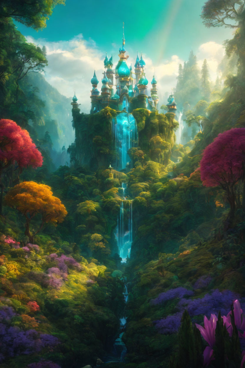 Enchanting castle spires above forest waterfall