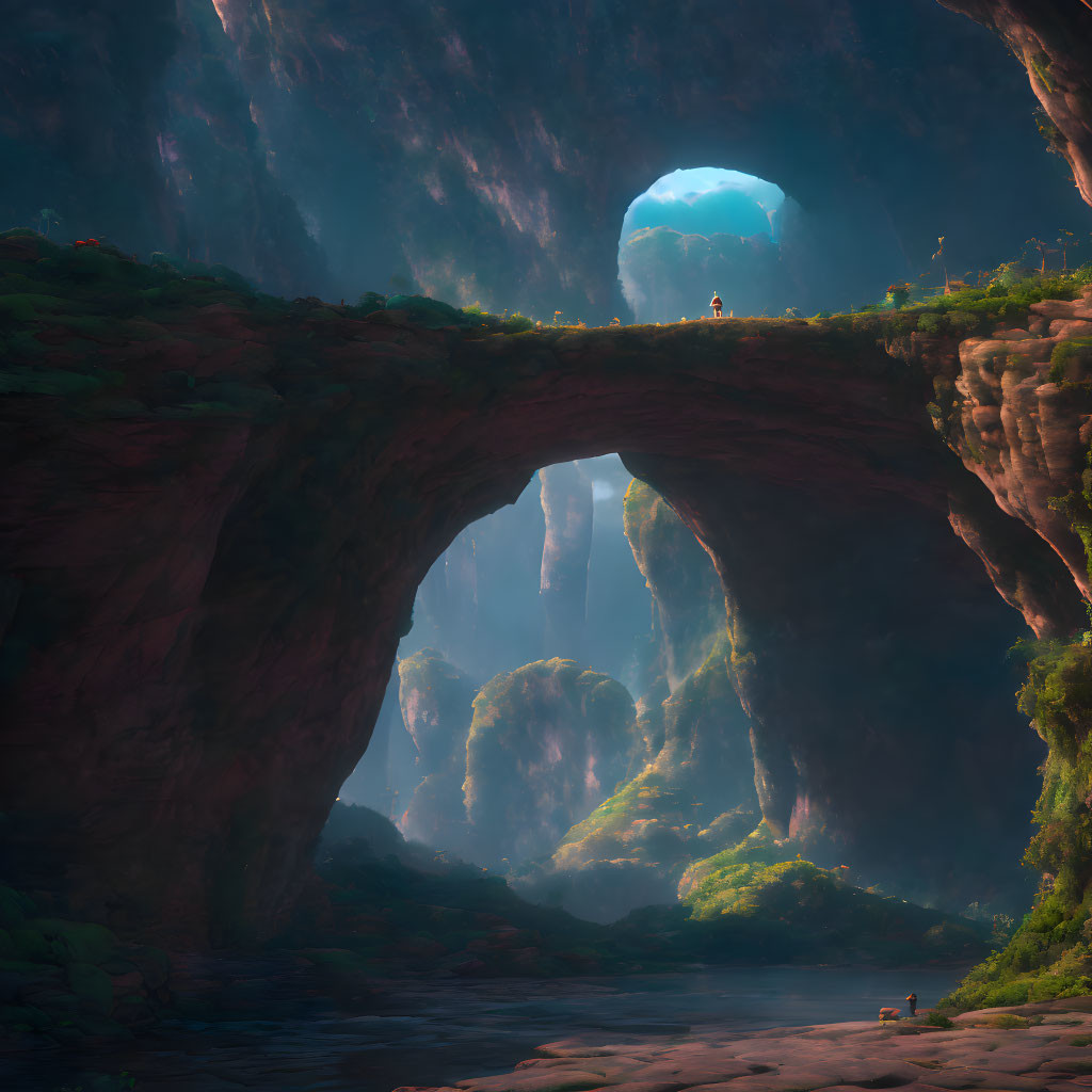 Person standing on natural stone bridge in lush canyon under soft sunlight