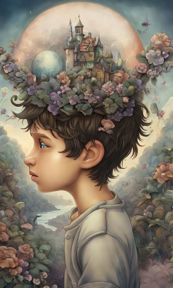 Whimsical boy with floral crown and castle in dreamy illustration