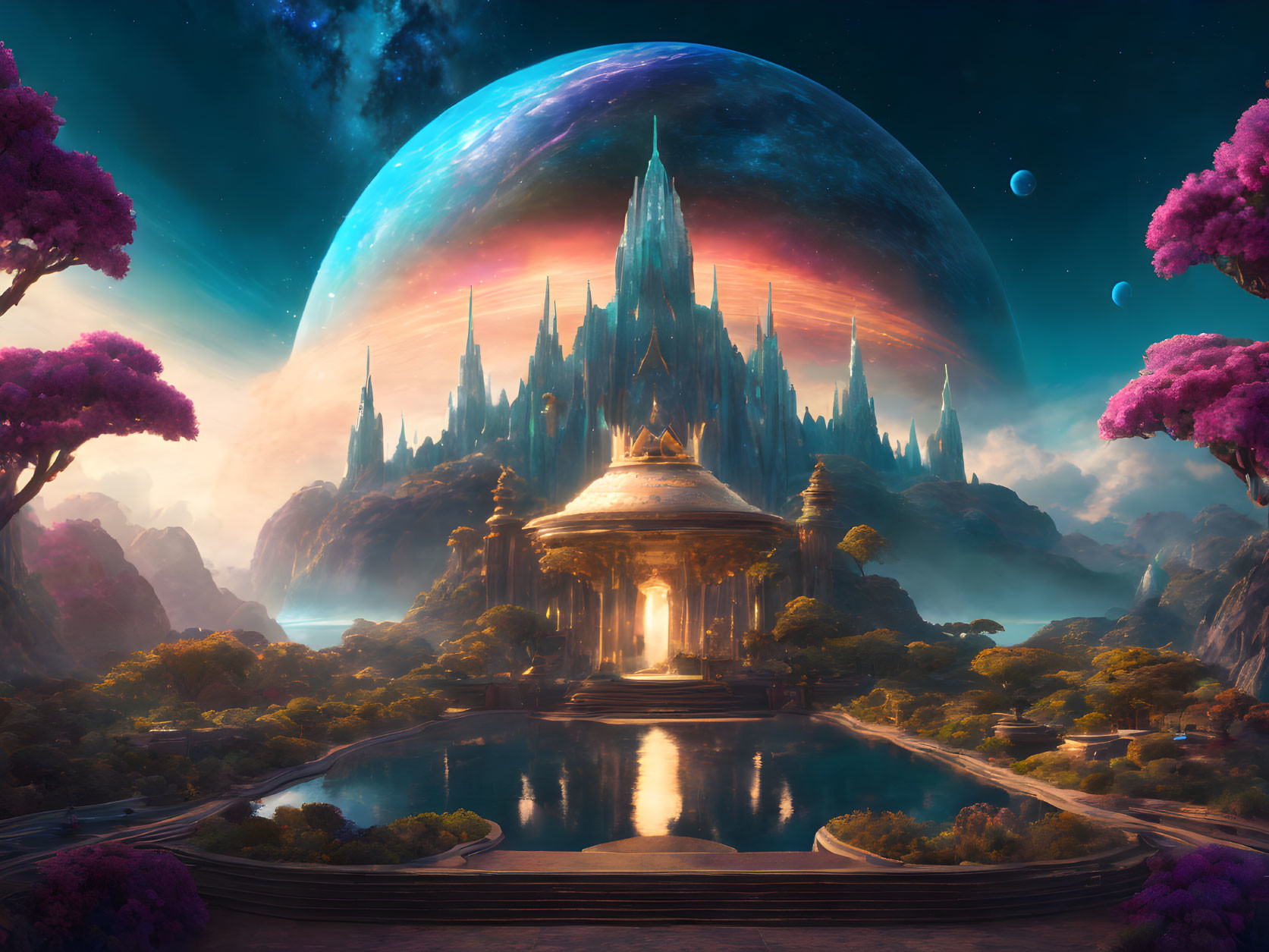 Glowing temple and giant planet in twilight landscape