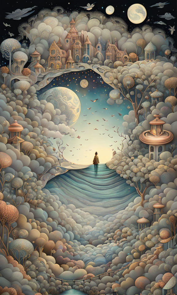 Surreal illustration of person on cliff with dreamy landscape