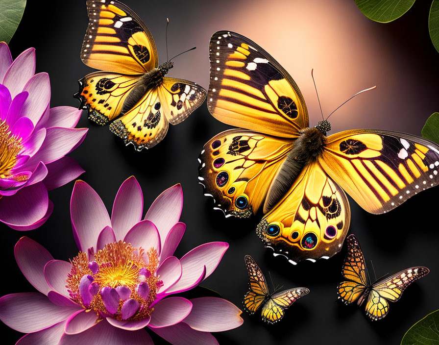 Colorful butterflies and lotus flowers on dark background with soft glow