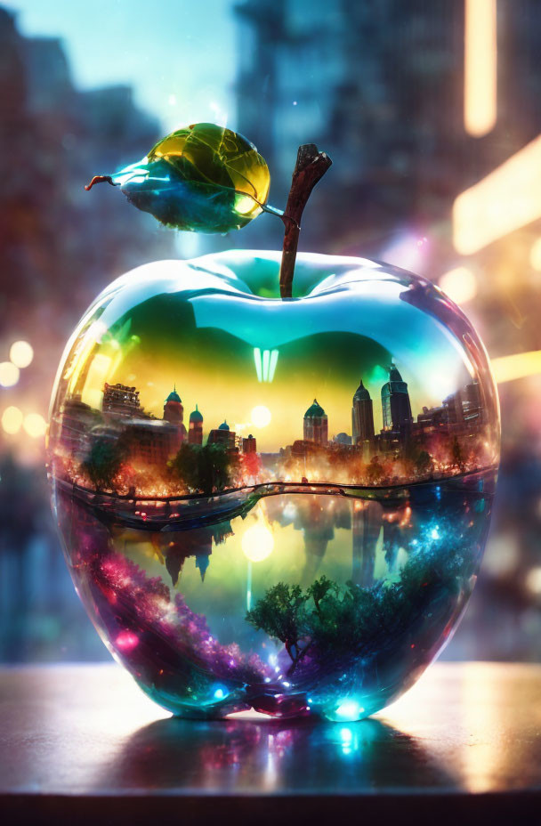 Vibrant cityscape reflected on glossy apple with single leaf, twilight setting