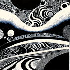 Abstract black and white illustration with swirling patterns and blue accents