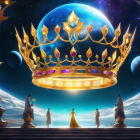 Group of figures admiring majestic floating crown in cosmic setting