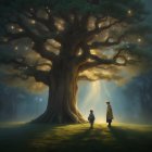 Children admiring giant tree with glowing lights in mystical forest