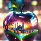 Reflective apple-shaped object with cityscape and tree branch inside, colorful bokeh-lit backdrop